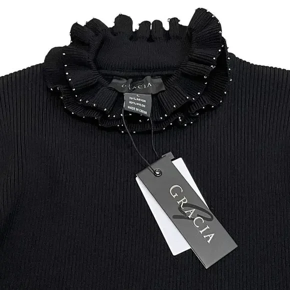 Gracia Stud Trim Ruffle Neck Black Sweater L | Y2K Glam, Beaded Holiday Knit NWT - Picture 2 of 6